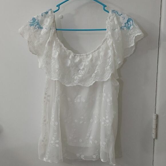 I.N. San Francisco Off Shoulder White Lace Sheer Floral Blouse XL Cottagecore - Picture 3 of 12